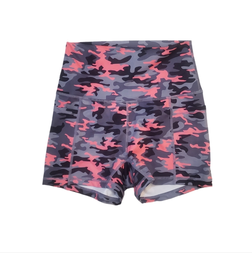 High-Rise Pink & Gray Camo Athletic Shorts for Women